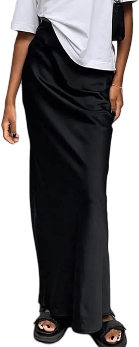 Women's Elegant Satin Silky High Waist Maxi Skirt Elegant Side Zipper Flowy A Line Long Skirts