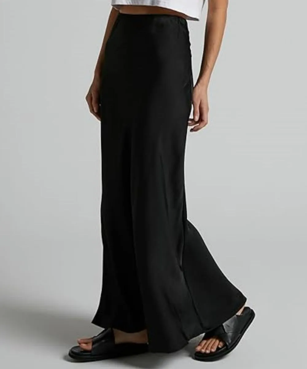 Women's Elegant Satin Silky High Waist Maxi Skirt Elegant Side Zipper Flowy A Line Long Skirts