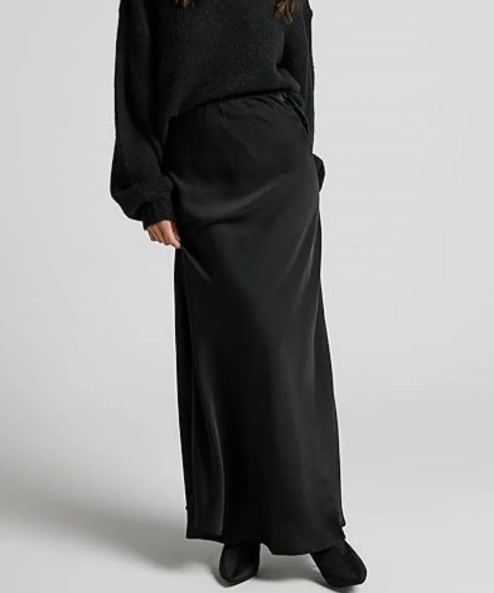 Women's Elegant Satin Silky High Waist Maxi Skirt Elegant Side Zipper Flowy A Line Long Skirts