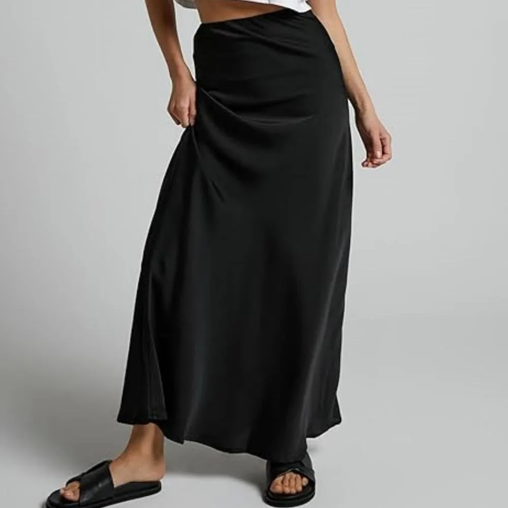 Women's Elegant Satin Silky High Waist Maxi Skirt Elegant Side Zipper Flowy A Line Long Skirts