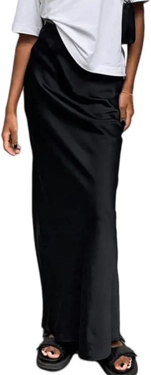 Women's Elegant Satin Silky High Waist Maxi Skirt Elegant Side Zipper Flowy A Line Long Skirts