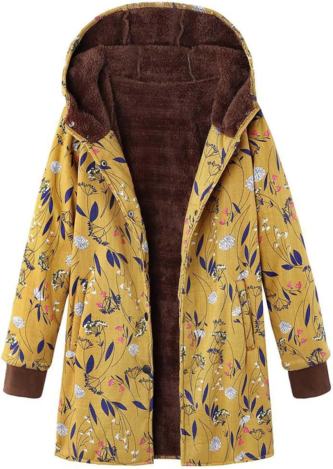 Womens Jackets Coats Boho Flowers Leaves Floral Print Fleece Lined Hooded Warm Loose Winter Plus Size Outerwear