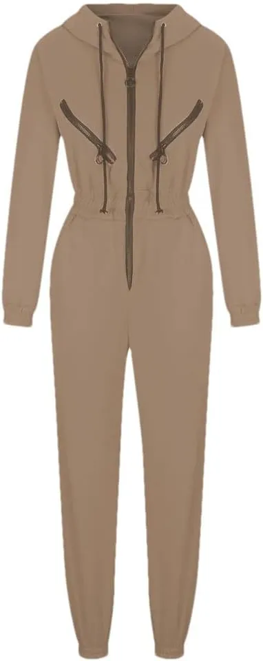 Women's Monochrome Long-Sleeved Jumpsuit Solid Color Zip-Up Sportswear Winter Casual Tracksuit Hoodies