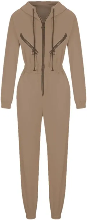 Women's Monochrome Long-Sleeved Jumpsuit Solid Color Zip-Up Sportswear Winter Casual Tracksuit Hoodies