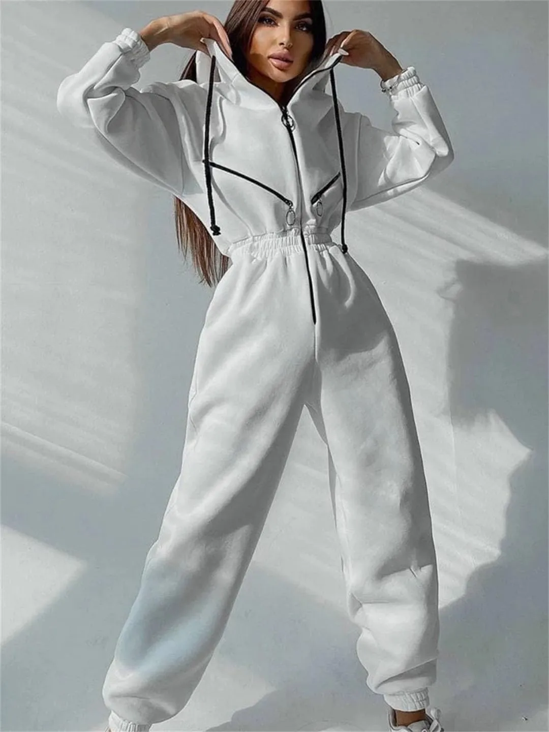Women's Monochrome Long-Sleeved Jumpsuit Solid Color Zip-Up Sportswear Winter Casual Tracksuit Hoodies