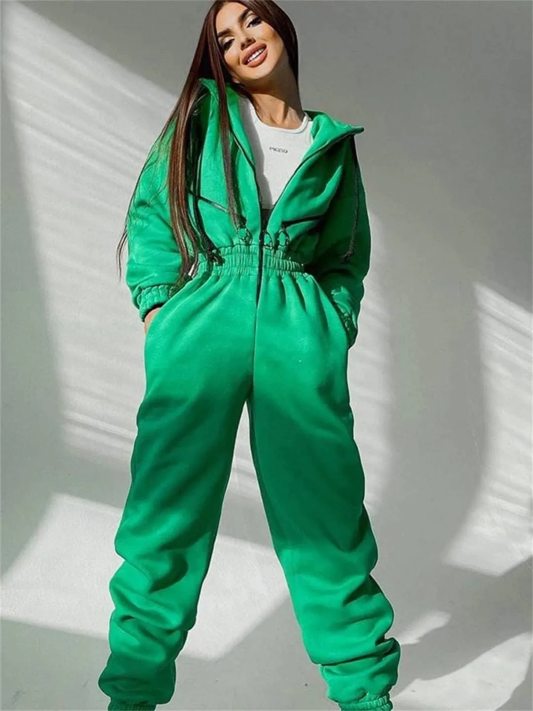 Women's Monochrome Long-Sleeved Jumpsuit Solid Color Zip-Up Sportswear Winter Casual Tracksuit Hoodies