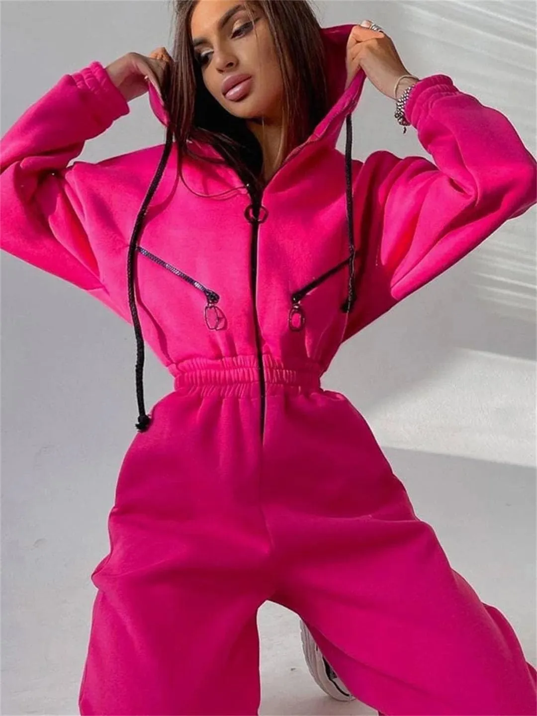 Women's Monochrome Long-Sleeved Jumpsuit Solid Color Zip-Up Sportswear Winter Casual Tracksuit Hoodies