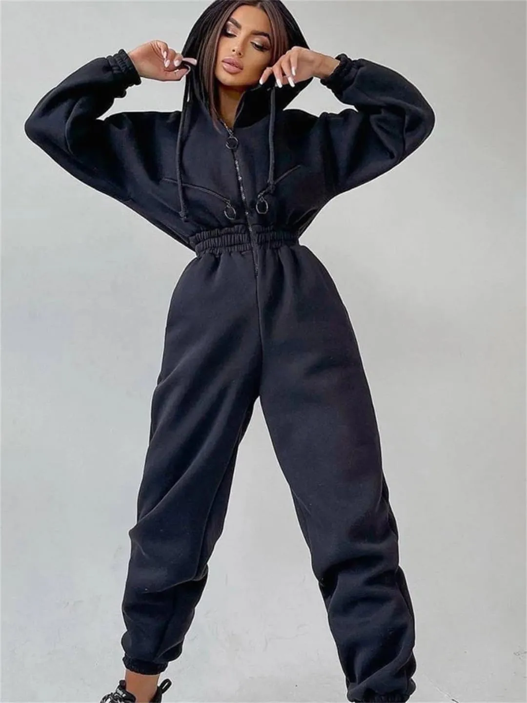 Women's Monochrome Long-Sleeved Jumpsuit Solid Color Zip-Up Sportswear Winter Casual Tracksuit Hoodies