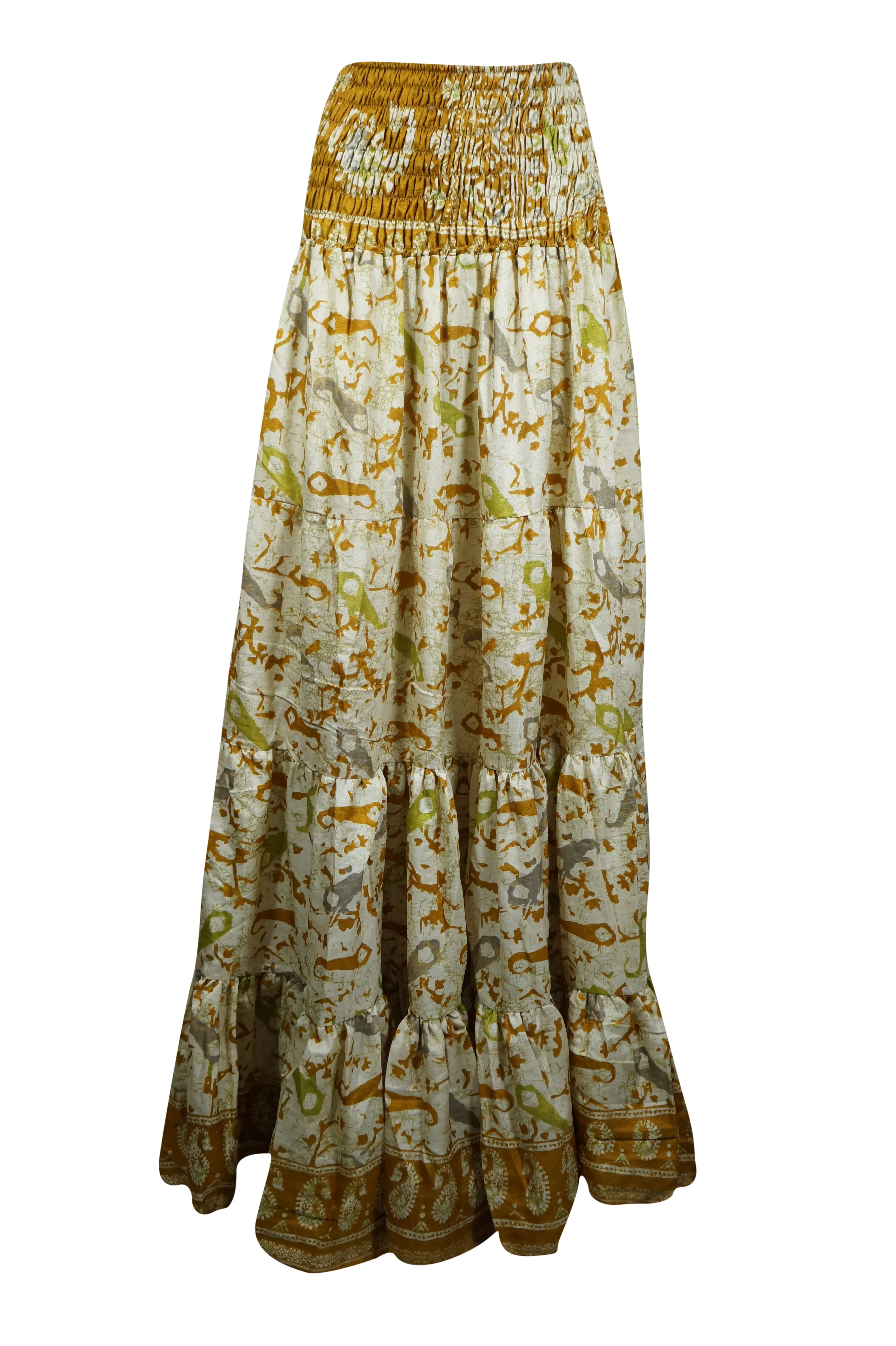 Women's Skirt  Gold printed Beach Long Skirt Patchwork Boho Skirts S/M