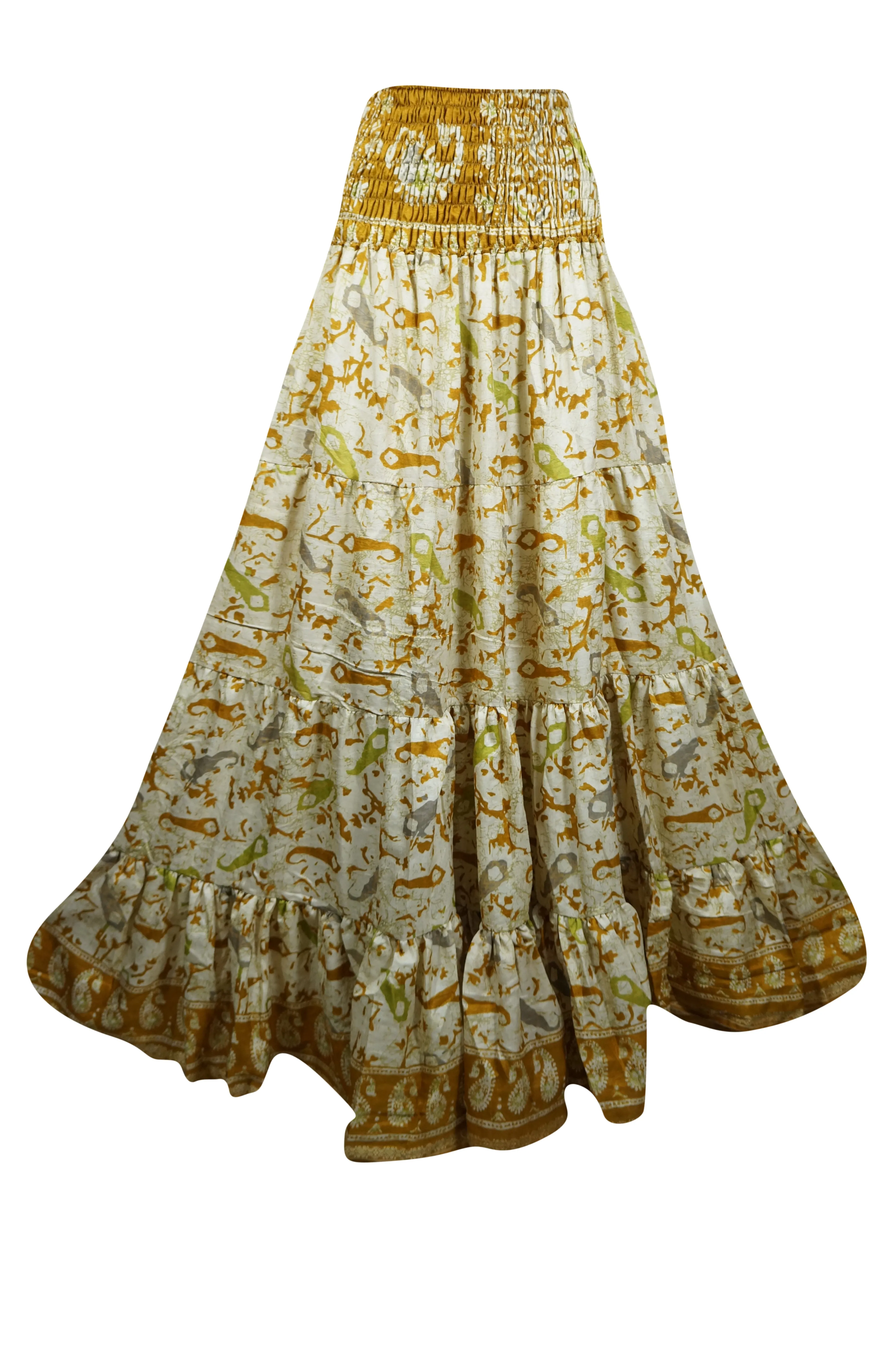 Women's Skirt  Gold printed Beach Long Skirt Patchwork Boho Skirts S/M