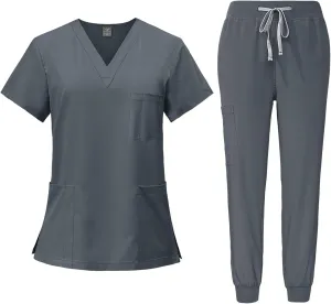 Women's V-Neck Stretch Fit Scrub Top & Jogger Scrubs Pants Multi Pocket Medical Nurse Uniforms Set