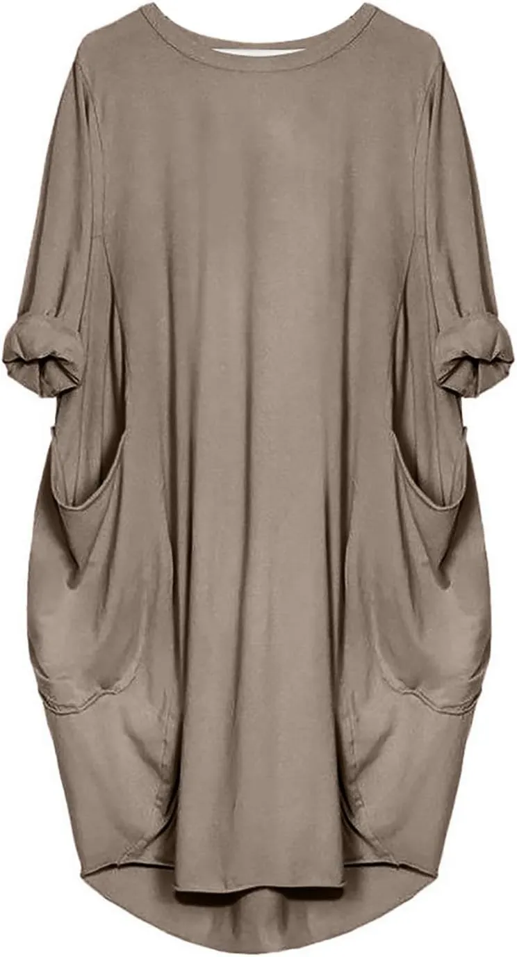 Women's Wife Mom Boss Tunic Dress Crew Neck Long Sleeve Oversize Baggy Causal Loose Midi Dresses with Big Pockets