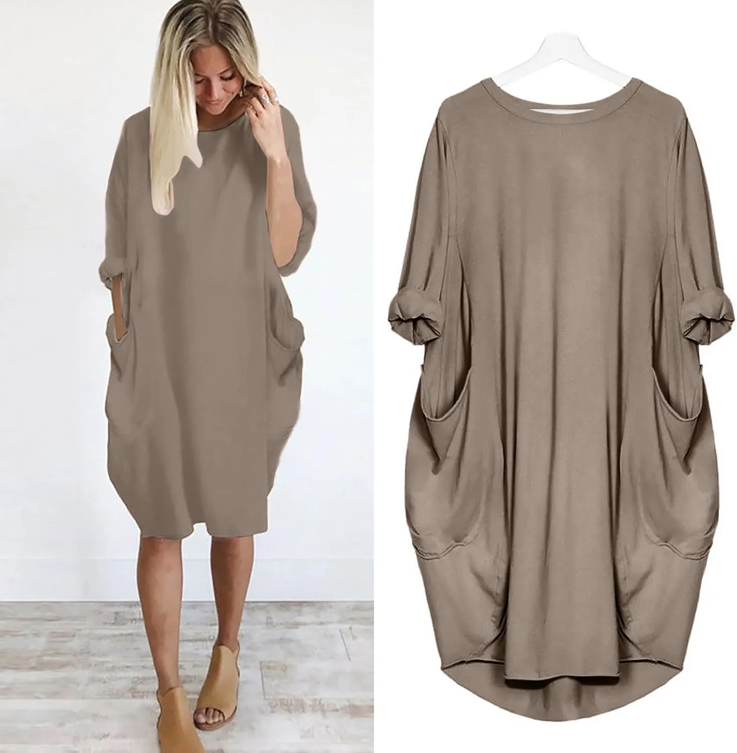 Women's Wife Mom Boss Tunic Dress Crew Neck Long Sleeve Oversize Baggy Causal Loose Midi Dresses with Big Pockets