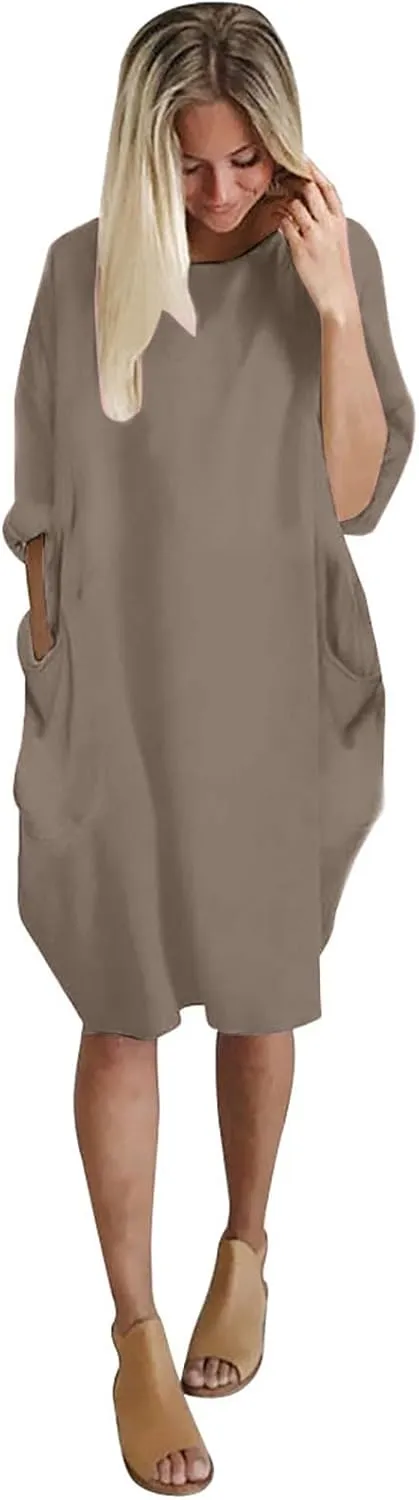 Women's Wife Mom Boss Tunic Dress Crew Neck Long Sleeve Oversize Baggy Causal Loose Midi Dresses with Big Pockets
