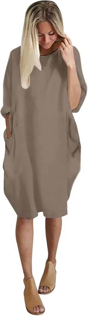 Women's Wife Mom Boss Tunic Dress Crew Neck Long Sleeve Oversize Baggy Causal Loose Midi Dresses with Big Pockets