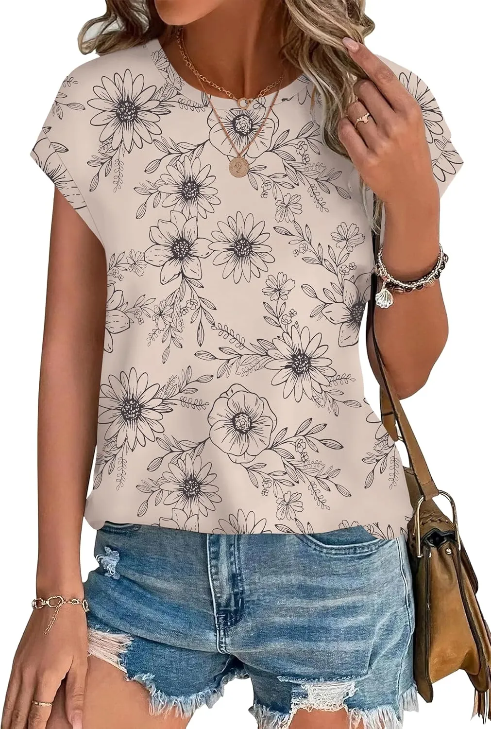 XIEERDUO Womens Tops Short Sleeve Shirts Blouses for Women Dressy Casual Cap Sleeve Tops with Curved Hem