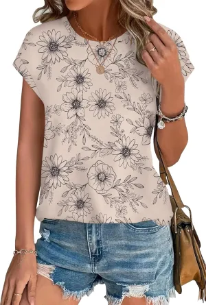 XIEERDUO Womens Tops Short Sleeve Shirts Blouses for Women Dressy Casual Cap Sleeve Tops with Curved Hem