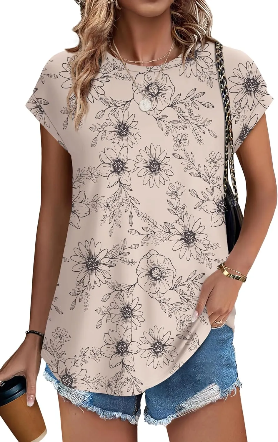 XIEERDUO Womens Tops Short Sleeve Shirts Blouses for Women Dressy Casual Cap Sleeve Tops with Curved Hem