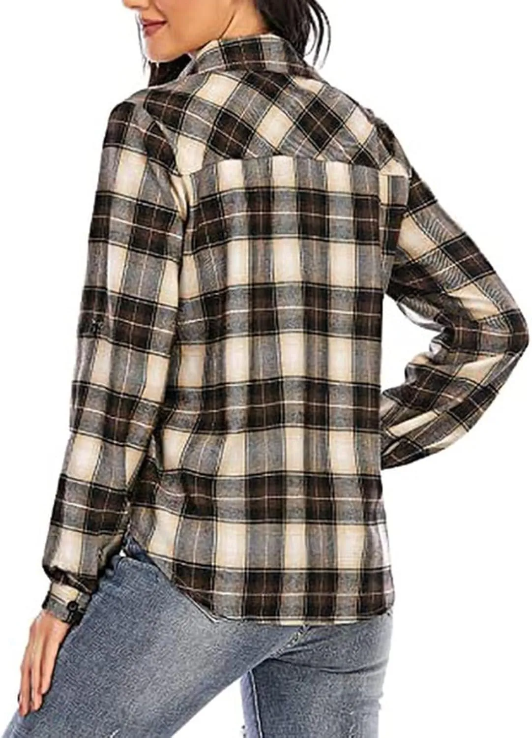 ZYXTIM Womens Plaid Shirts Classic-Fit Long-Sleeve Loose-Fit Lightweight Collar Flannel Shirts Fashion Boyfriend Blouses Tops