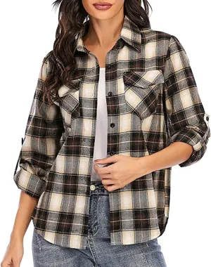 ZYXTIM Womens Plaid Shirts Classic-Fit Long-Sleeve Loose-Fit Lightweight Collar Flannel Shirts Fashion Boyfriend Blouses Tops