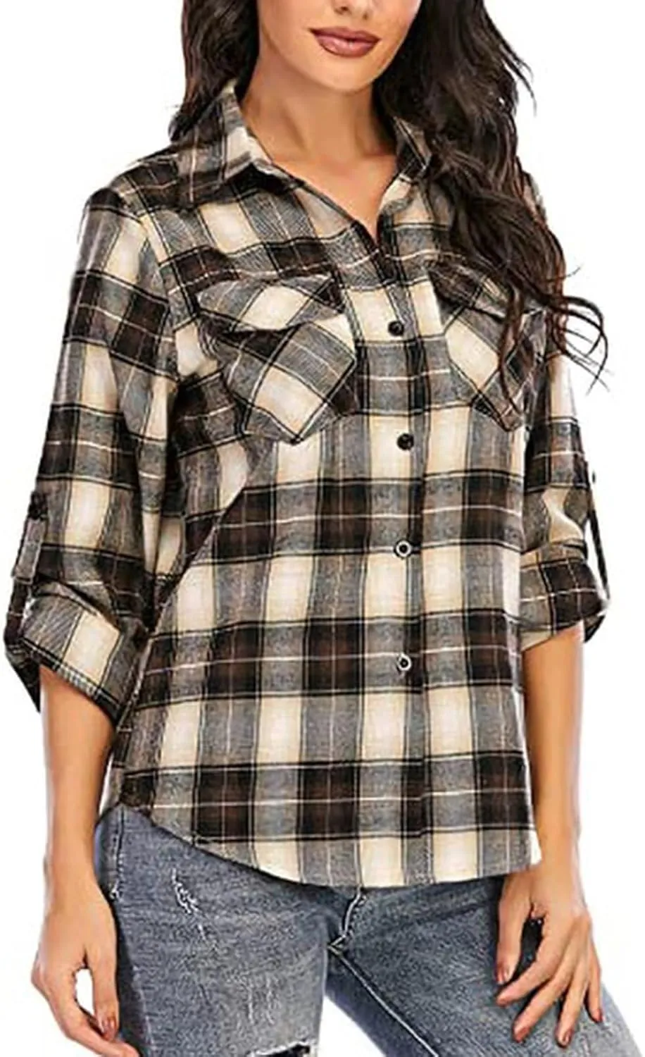 ZYXTIM Womens Plaid Shirts Classic-Fit Long-Sleeve Loose-Fit Lightweight Collar Flannel Shirts Fashion Boyfriend Blouses Tops